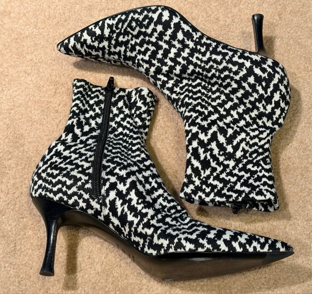 Rag & Bone New York Black White Houndstooth Knit Sock Booties Heels Sz 37.5